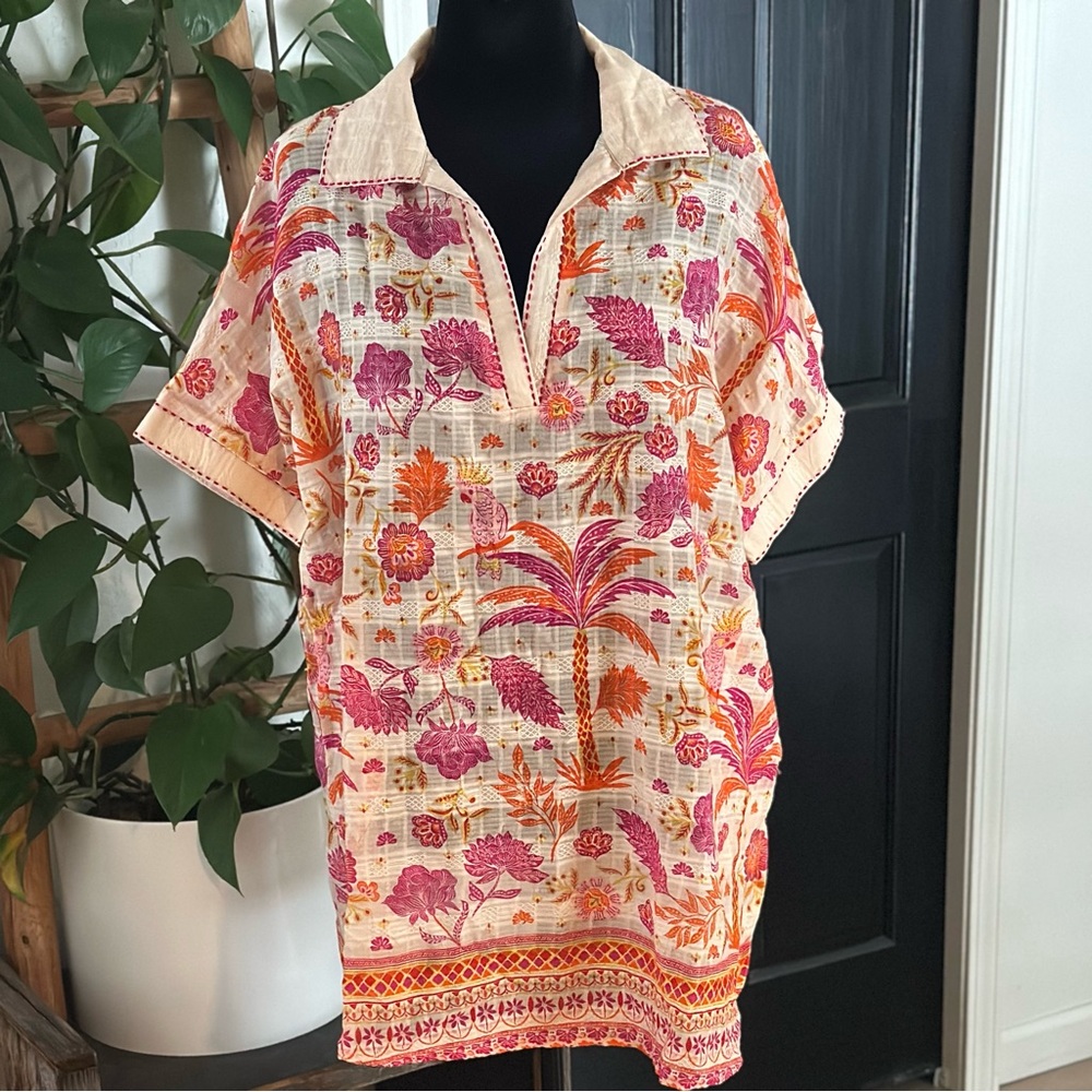 Haute Hippie Tunic Swim Cover Sz L Cotton Pockets Tropical Resort Beach Boho NWT